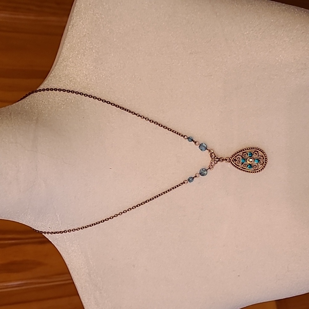 Woman's Copper Necklace With Jewled Copper Teardrop Pendant.